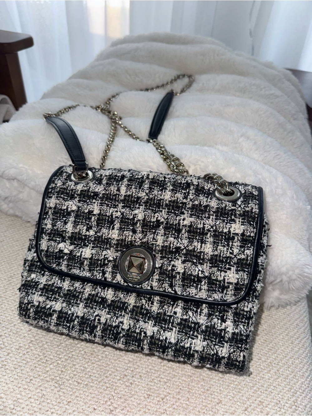 kate spade Black & White Tweed Chain Crossbody Bag